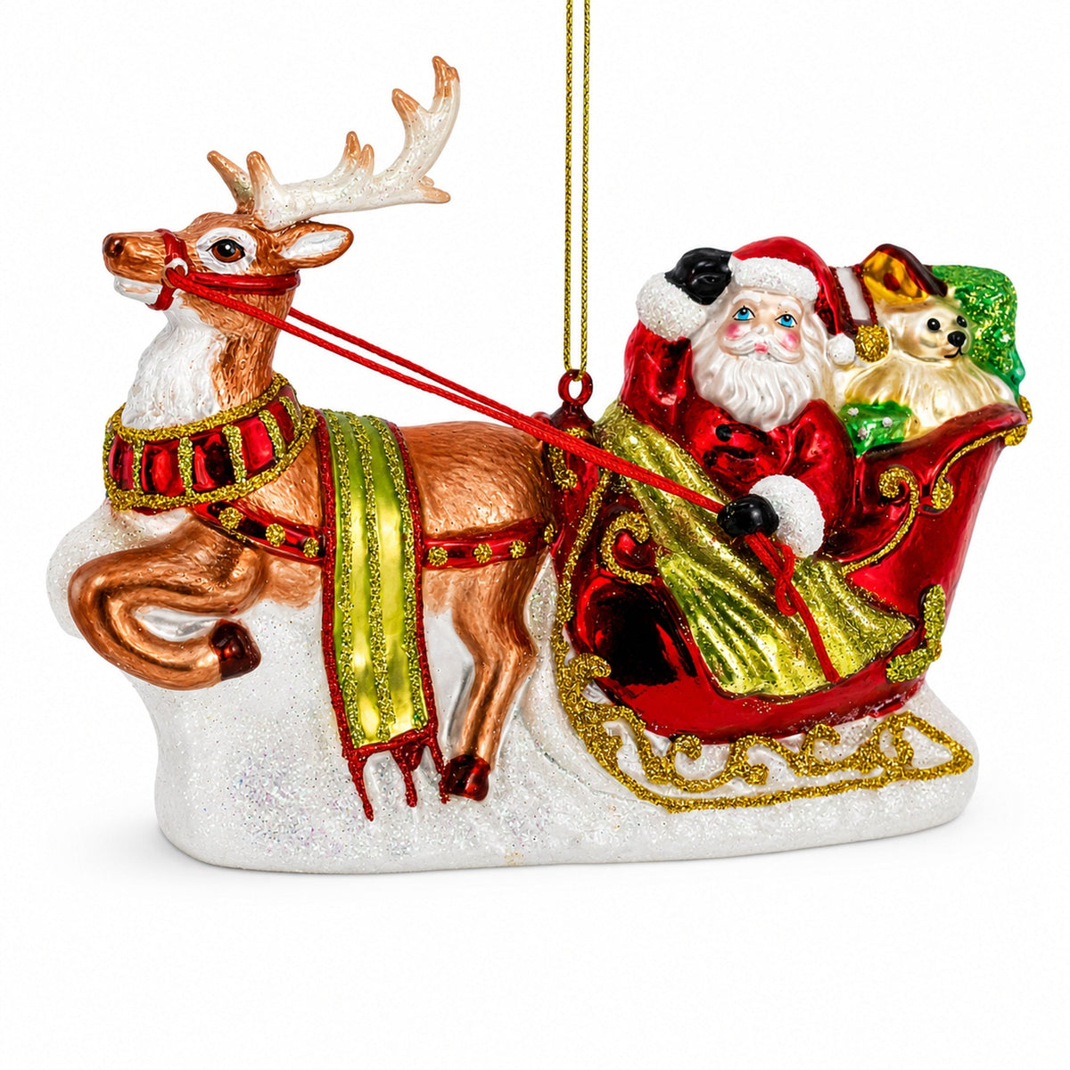 Santa's Sleigh & Reindeer Glass Ornament