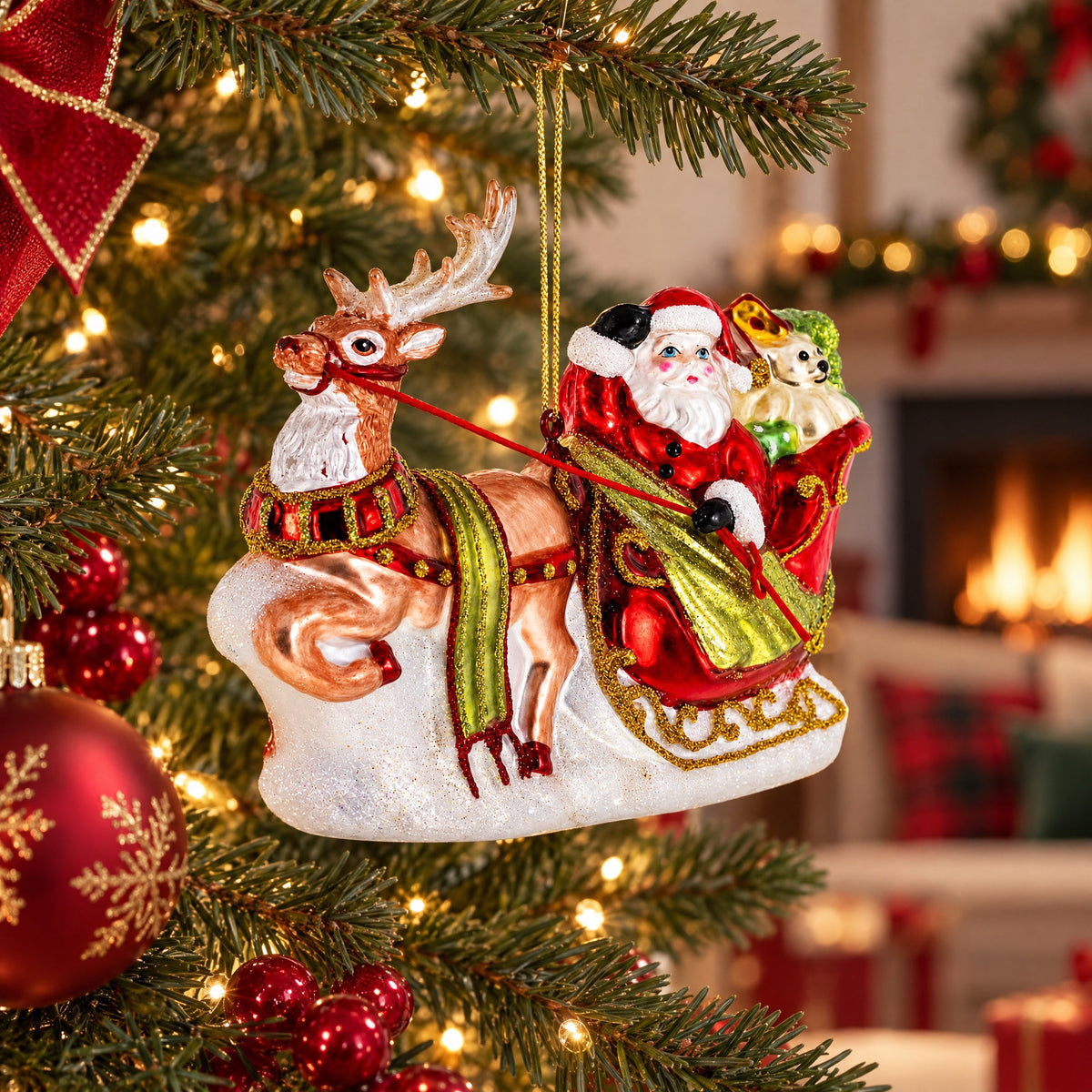 Santa's Sleigh & Reindeer Glass Ornament