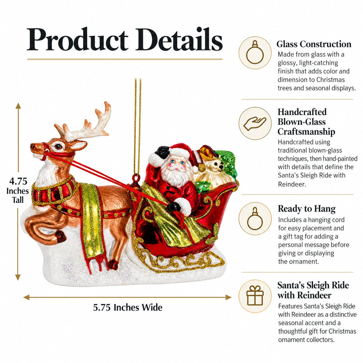 Santa's Sleigh & Reindeer Glass Ornament