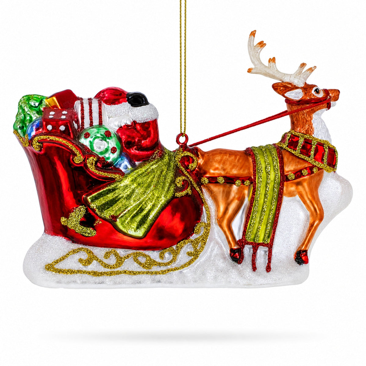 Santa's Sleigh & Reindeer Glass Ornament