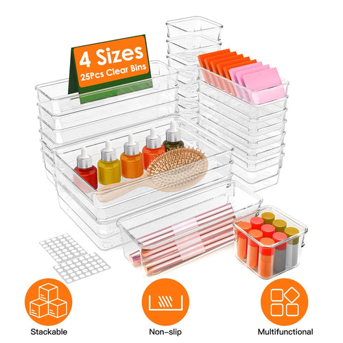 25-Piece Clear Drawer Organizer Set – 4 Sizes