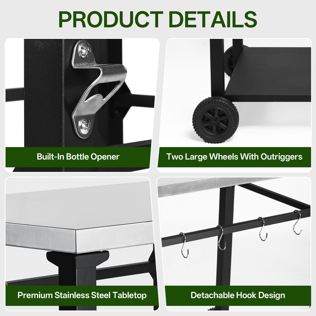 2-Tier Outdoor Grill Prep Cart with Stainless Steel Top