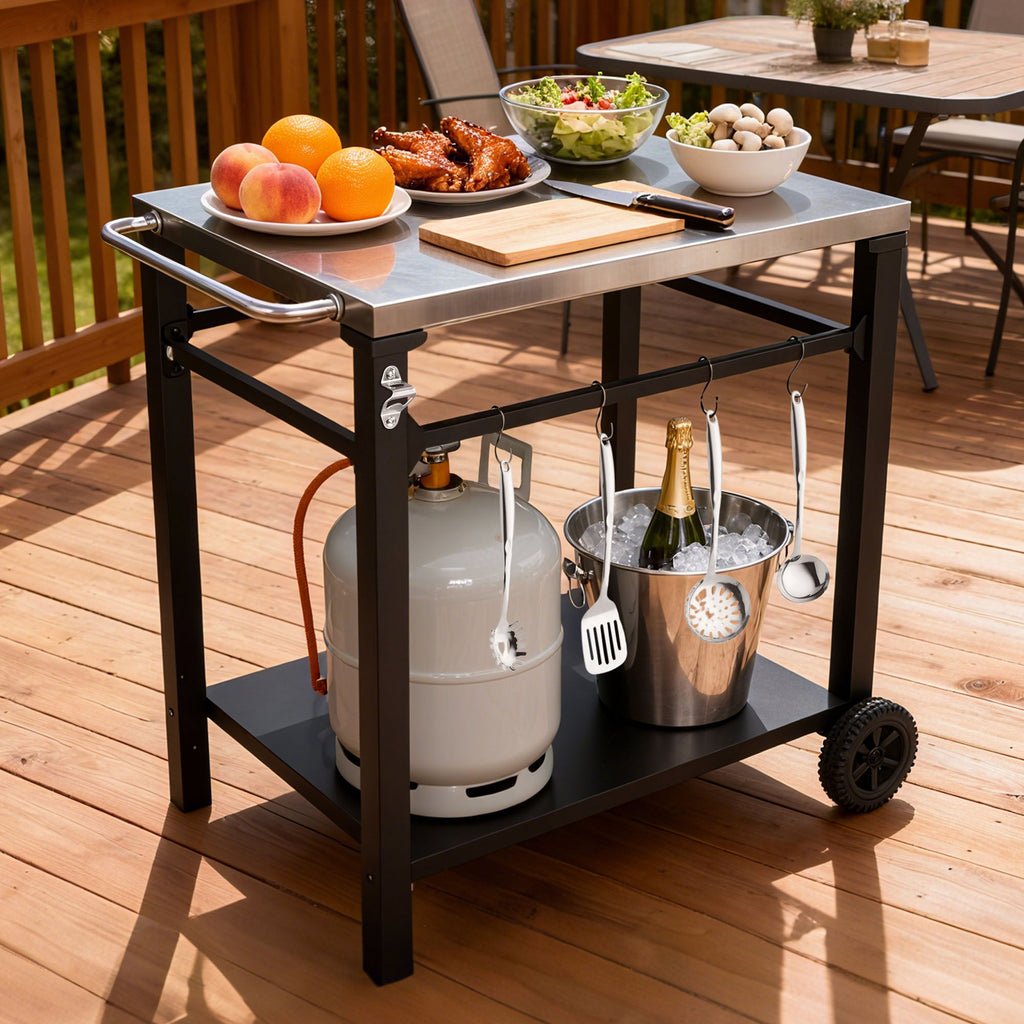2-Tier Outdoor Grill Prep Cart with Stainless Steel Top