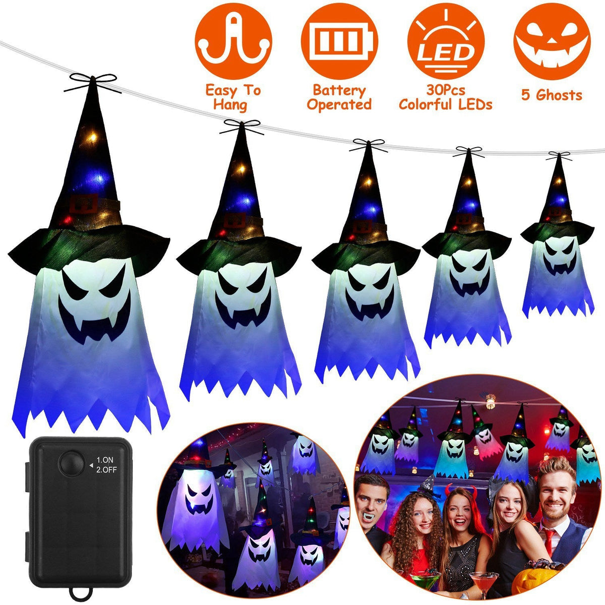 Ghost & Witch Hat Halloween String Lights, 11.6 ft