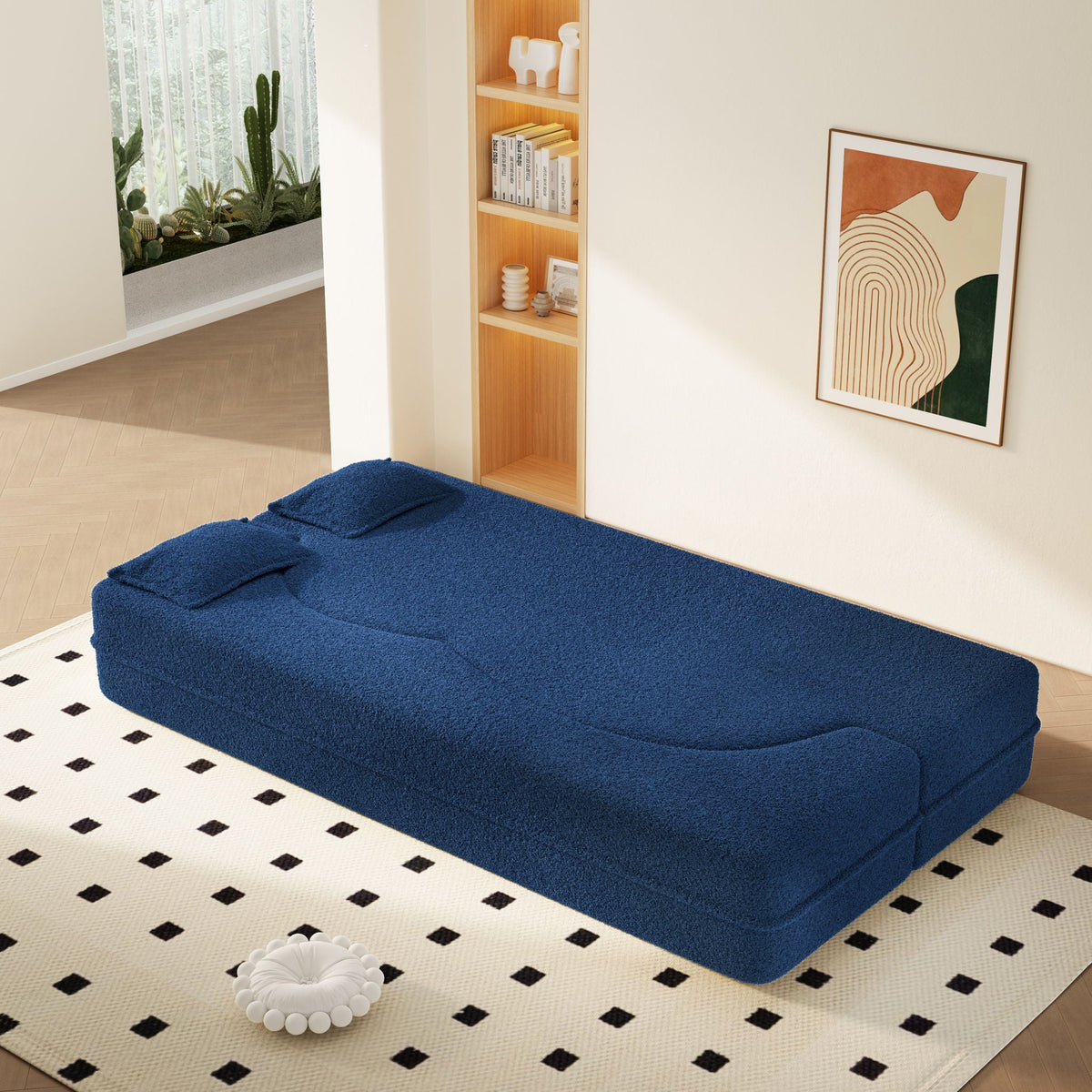 Modern Floor Sleeper Sofa Bed with 2 Pillows - Convertible Twin Size Folding Futon