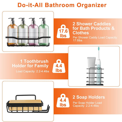 5-Piece Adhesive Shower Organizer Set with 18 Hooks