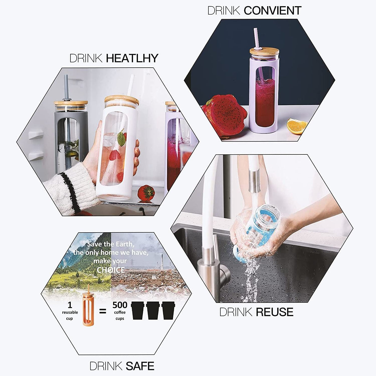 590 mL Glass Tumbler with Bamboo Lid & Silicone Sleeve