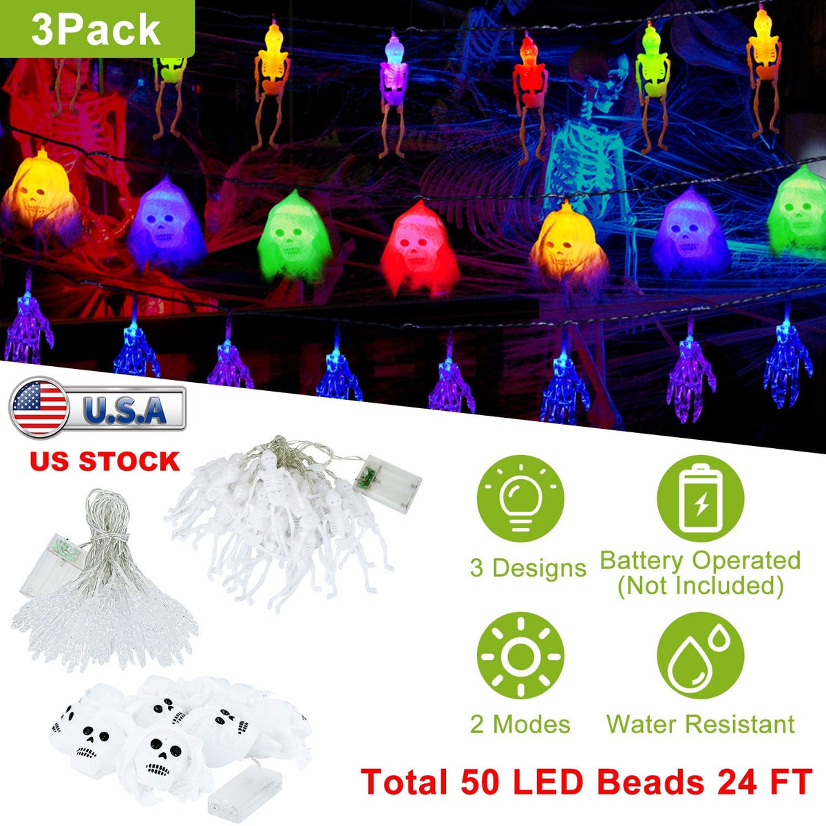 Halloween String Lights, 3-Piece Set, 50 LEDs