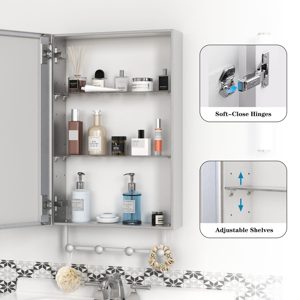 Silver Mirrored Medicine Cabinet with Adjustable Shelves