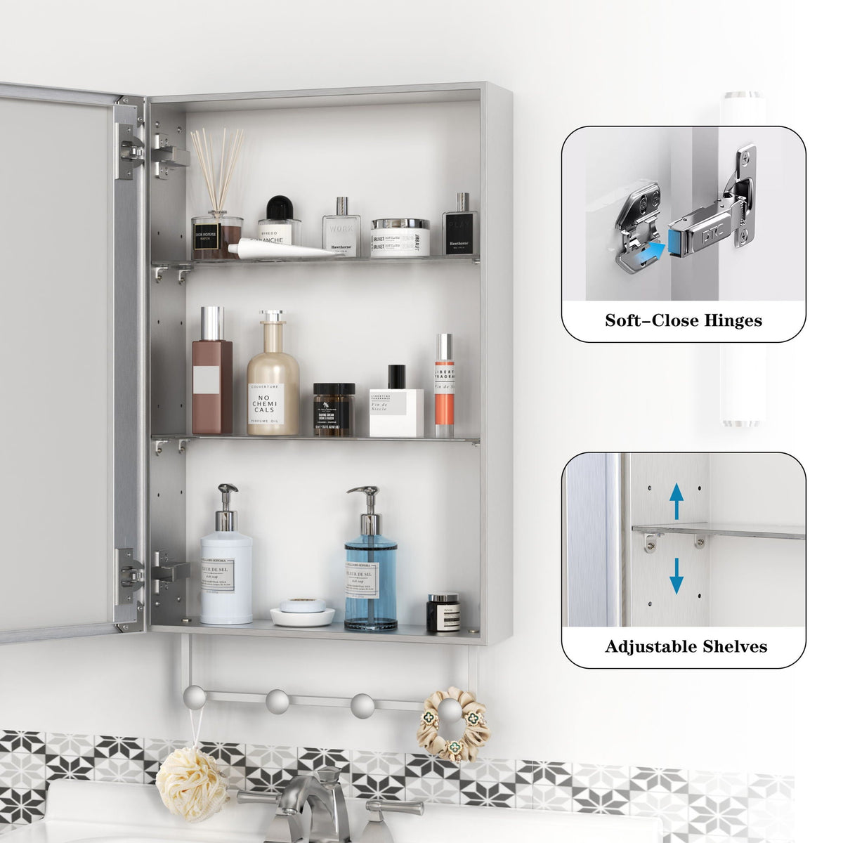 Silver Mirrored Medicine Cabinet with Adjustable Shelves