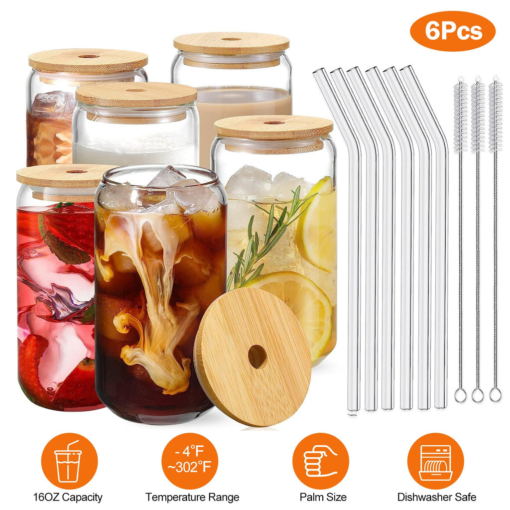 6Pcs Mason Jar Cups with Lid 16OZ