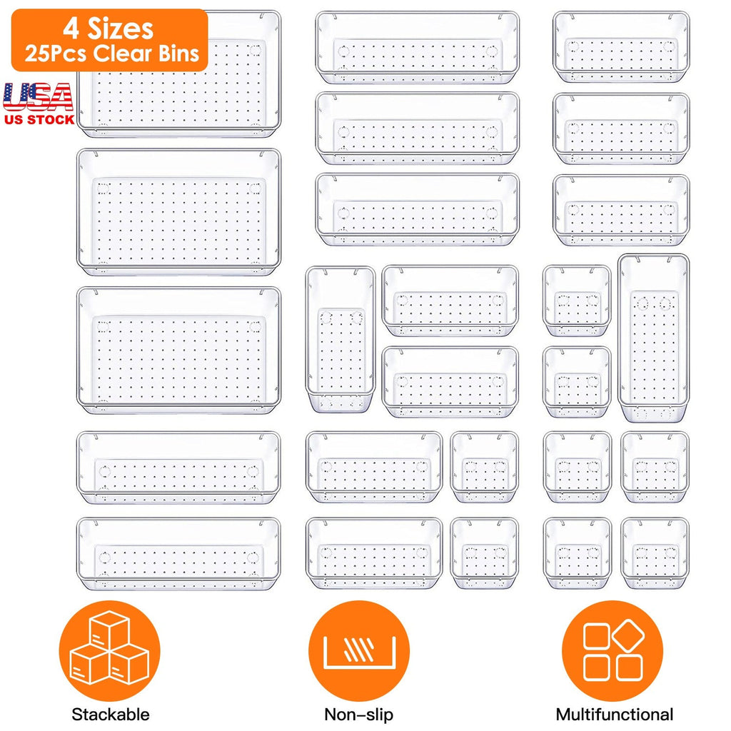 25-Piece Clear Drawer Organizer Set – 4 Sizes