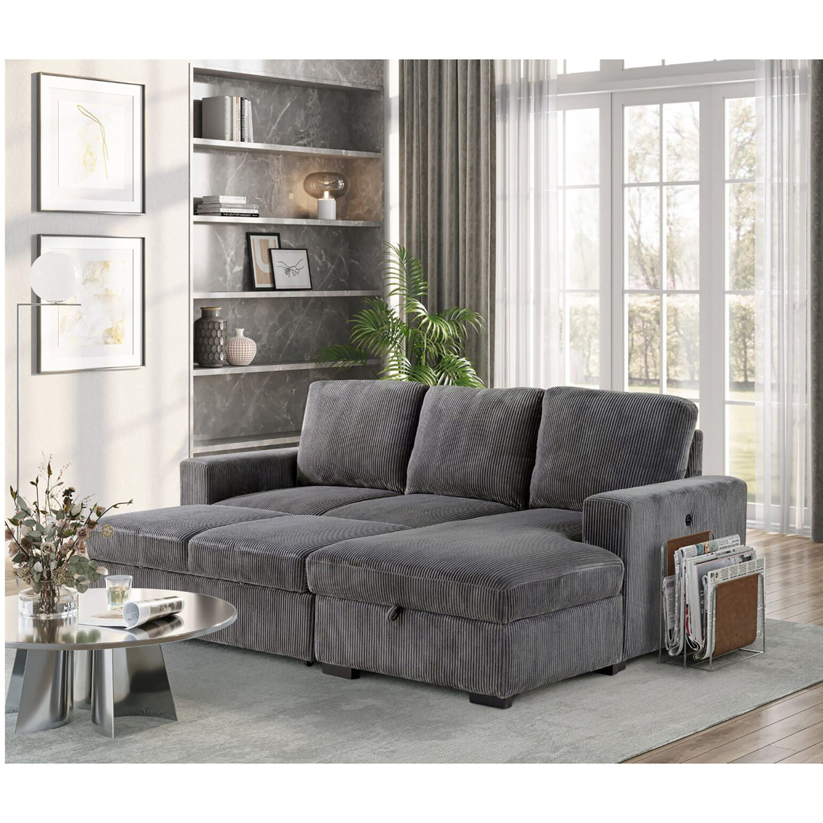 Dark Gray Sleeper Sectional Sofa with Pullout Bed - Contemporary Comfort
