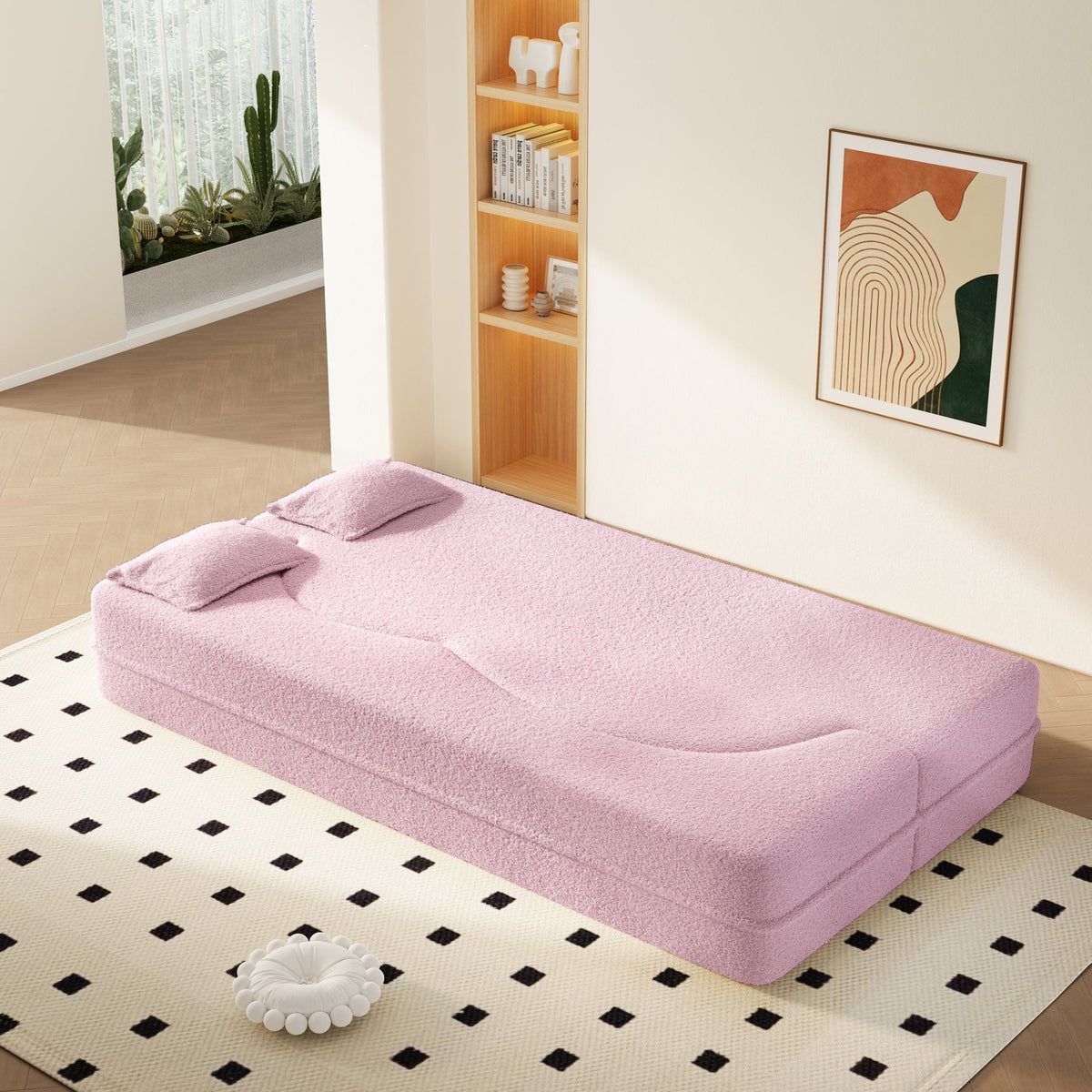Modern Floor Sleeper Sofa Bed with 2 Pillows - Convertible Twin Size Folding Futon