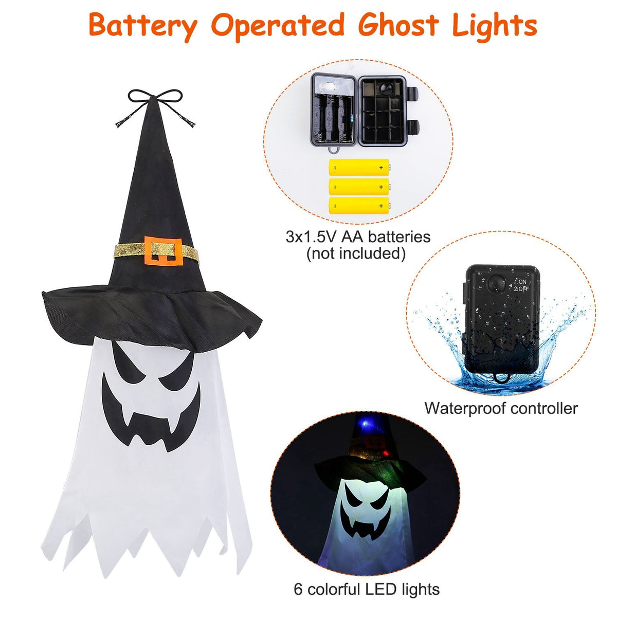 Ghost & Witch Hat Halloween String Lights, 11.6 ft