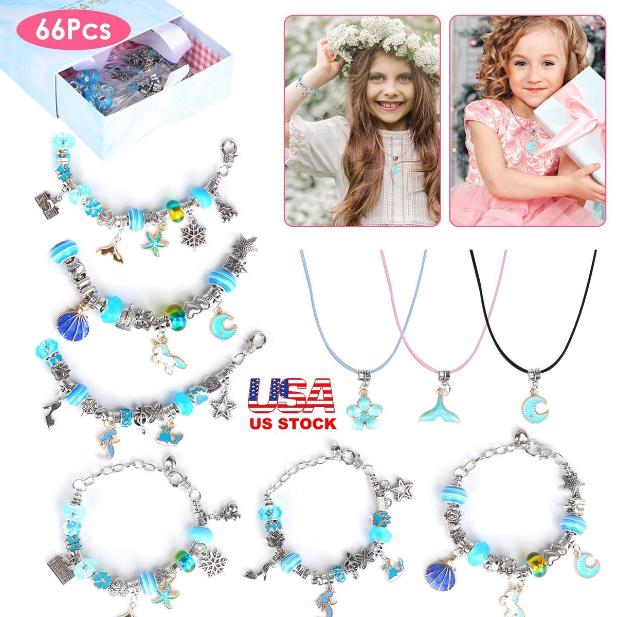 66Pcs Charm Bracelet Making Kit Kids\' Jewelry Necklace Making Kits Colorful DIY Charm Beads Pendant SetÊJewelry Decor Supplies with Gift Box for 5-12