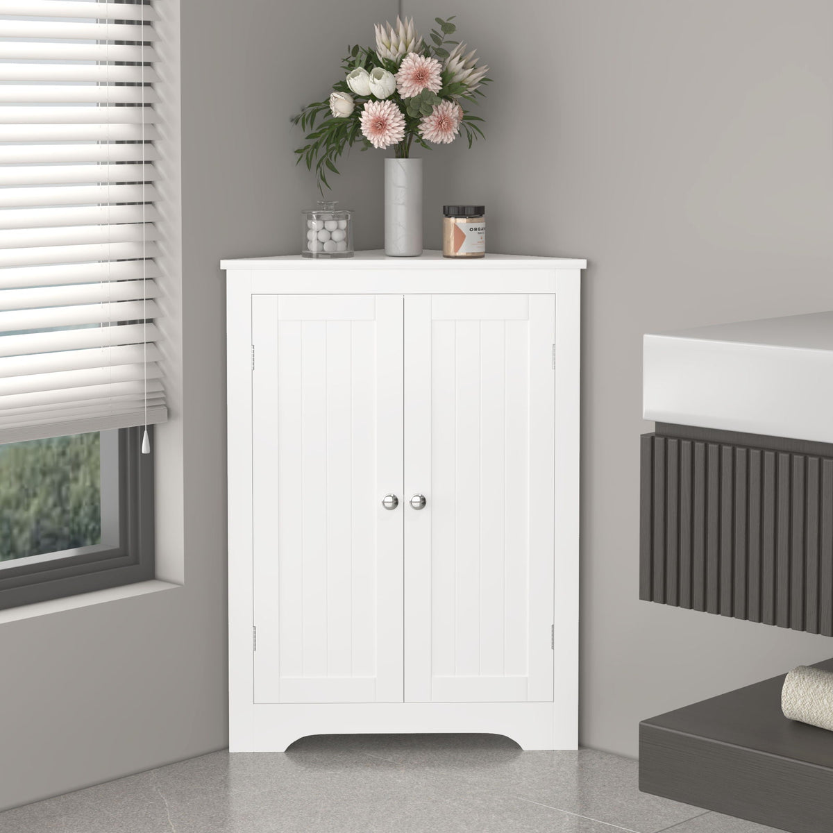 White Corner Cabinet with 2 Doors & Adjustable Shelf