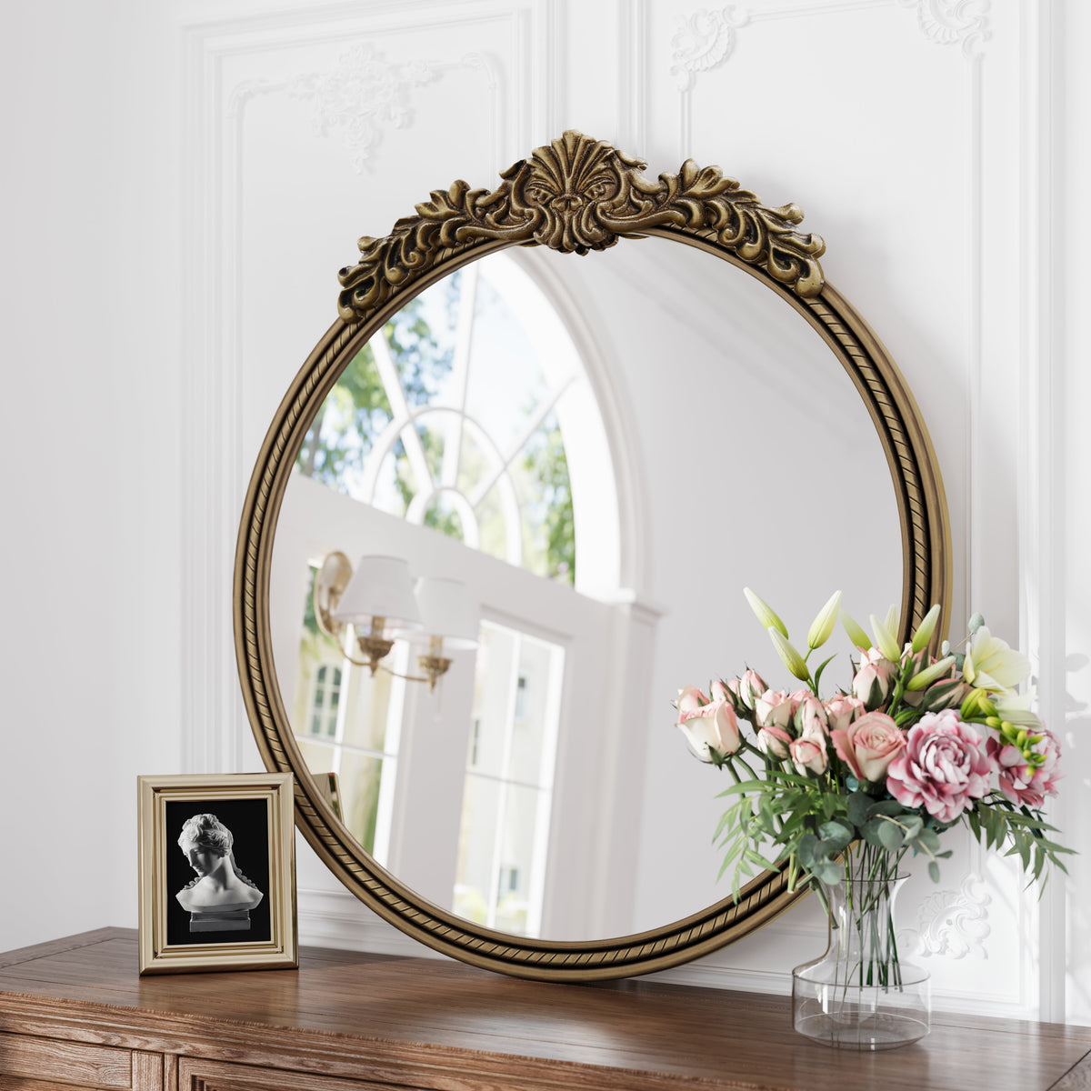 33.27" Round Vintage Relief Mirror Wall Hanging Elegant Decorative Mirror for Home Decor Retro Beautiful Design,Perfect for Living Room Bedroom and Hallway mirror,vintage
