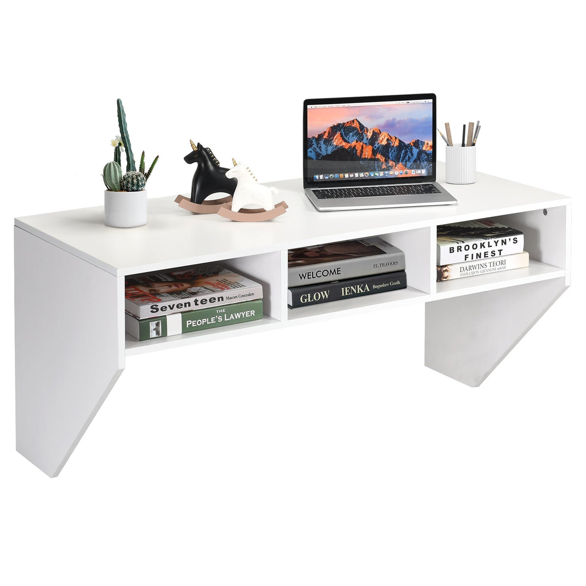 Wall-Mounted Floating Desk with Storage Shelf – White