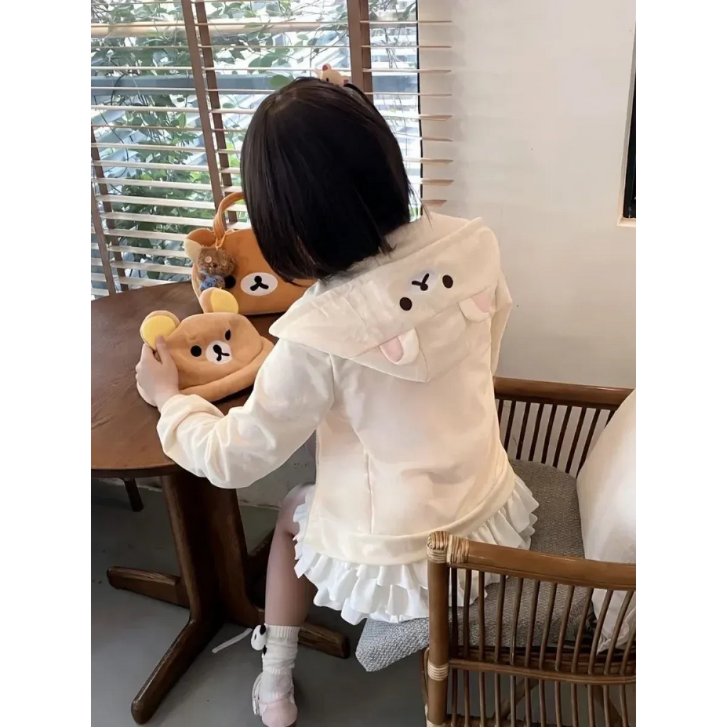 Kawaii Bear Hoodie - Harajuku Y2K Zipper Sweatshirt for Women