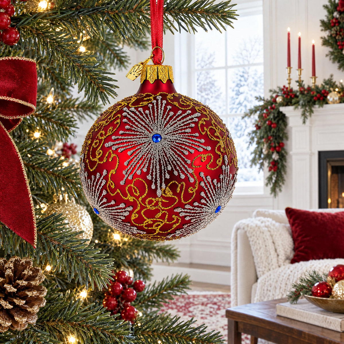 Radiant Jeweled Snowflake on Red Glass