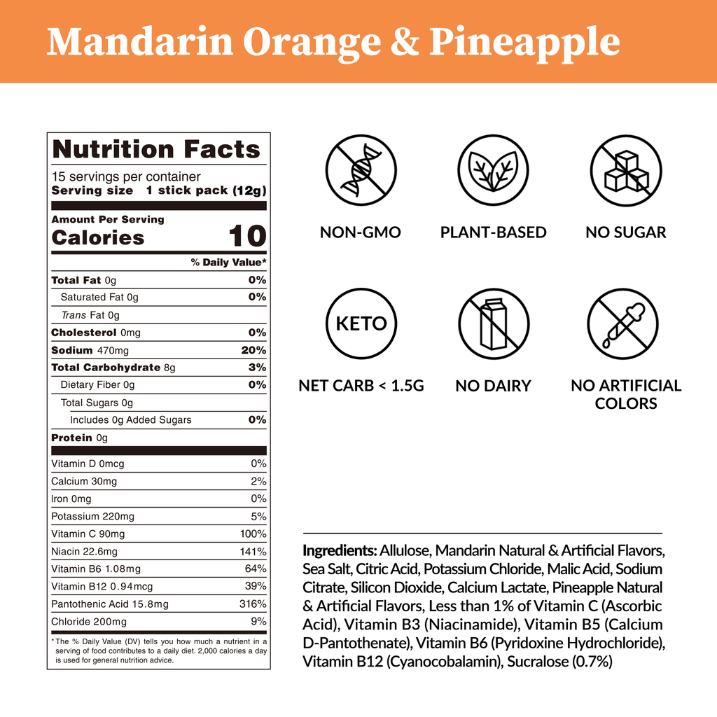 Mandarin Orange & Pineapple Electrolyte Drink Mix – Zero Sugar, 15 Sticks