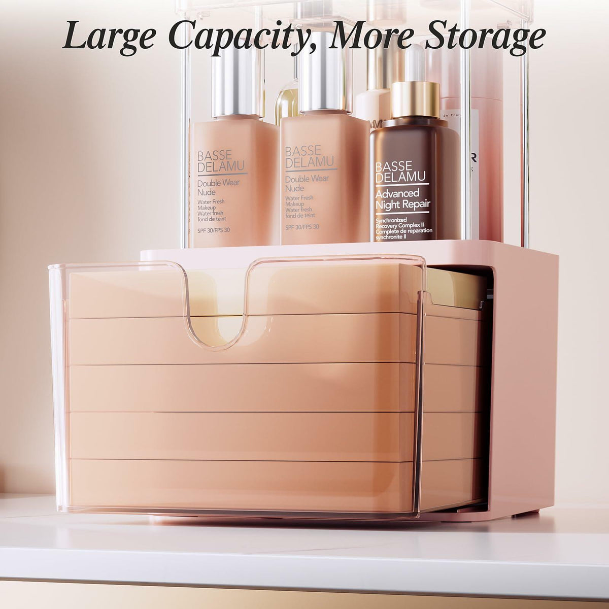 Delamu 3-Tier Makeup Organizer with Drawers & 6-Grid Top Pink Vanity Storage