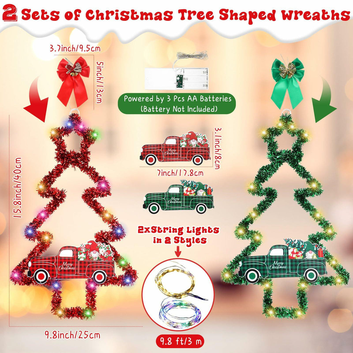 LILIFUL LED Tinsel Christmas Trees, Set of 2