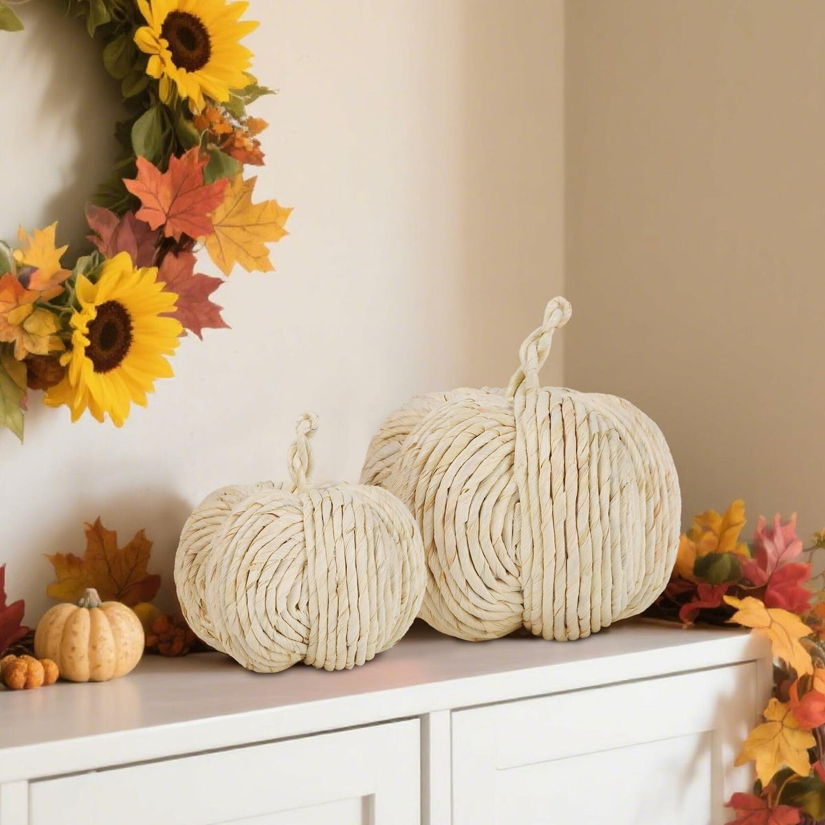WINEMANA White Woven Pumpkin Decor, Set of 2