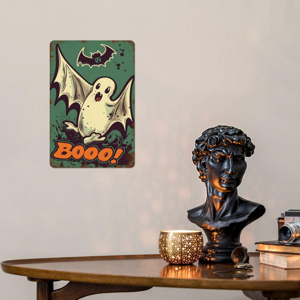 Retro Ghost Halloween Metal Sign, 8 × 12 in