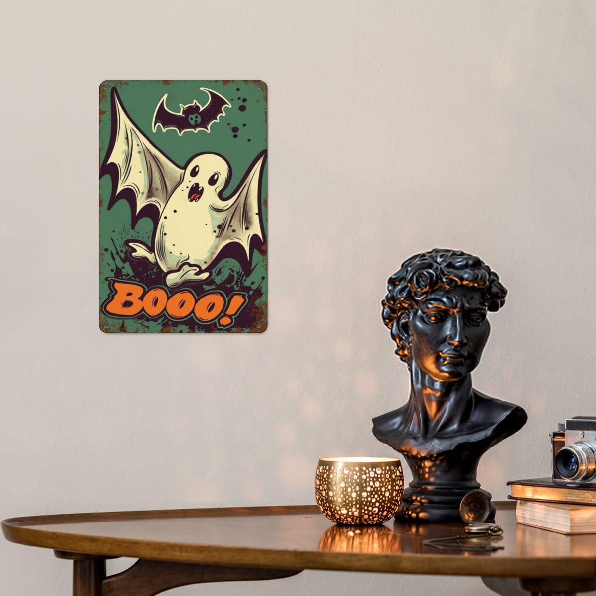 Retro Ghost Halloween Metal Sign, 8 × 12 in