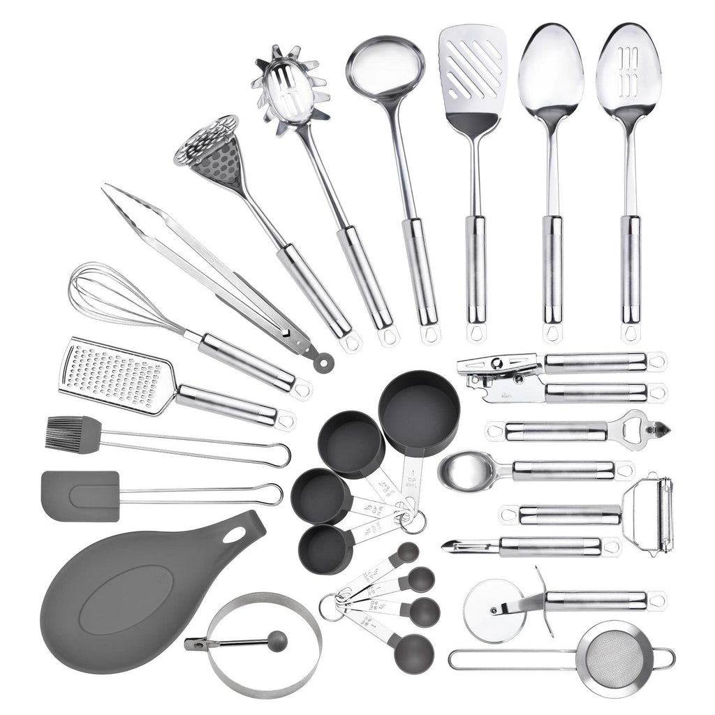 StnKitchExplor Stainless Steel Utensil Set 28 Pcs Cooking Tools Silver Holder