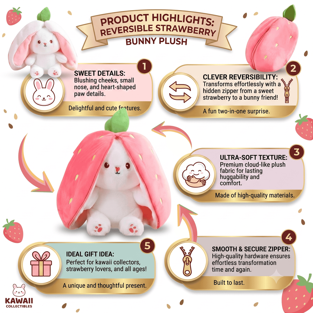 Reversible Strawberry Bunny Plush Toy Soft