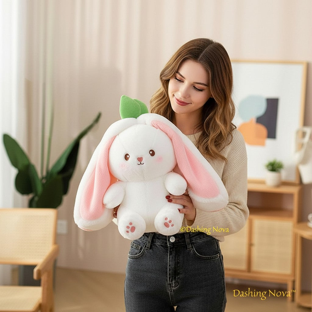 Reversible Strawberry Bunny Plush Toy Soft Polyester Stuffed Animal for Kids Hide and Seek Transforming Toy