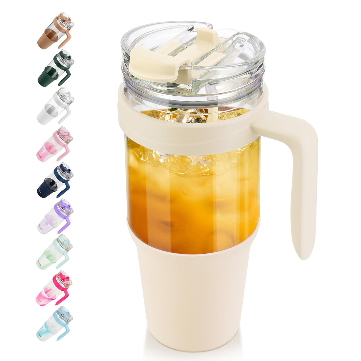 Tronco 40 oz Glass Tumbler with Straw and Lid, Reusable Glass Tumbler with Handle, Iced Coffee Cup with Bamboo Lid, Glass Water Bottles Fit in Cup Holder, Carbonfree, Lead-Free, BPA-Free