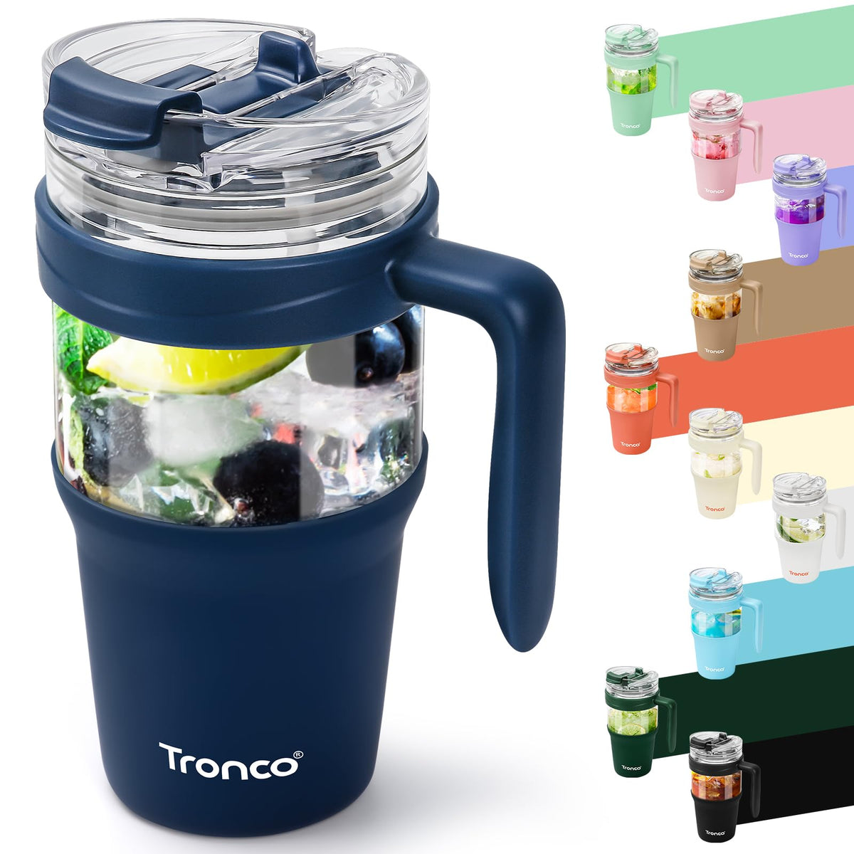 Tronco 40 oz Glass Tumbler with Straw and Lid, Reusable Glass Tumbler with Handle, Iced Coffee Cup with Bamboo Lid, Glass Water Bottles Fit in Cup Holder, Carbonfree, Lead-Free, BPA-Free