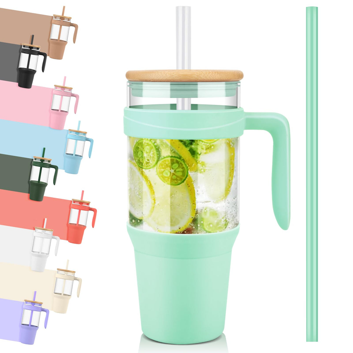 Tronco 40 oz Glass Tumbler with Straw and Lid, Reusable Glass Tumbler with Handle, Iced Coffee Cup with Bamboo Lid, Glass Water Bottles Fit in Cup Holder, Carbonfree, Lead-Free, BPA-Free