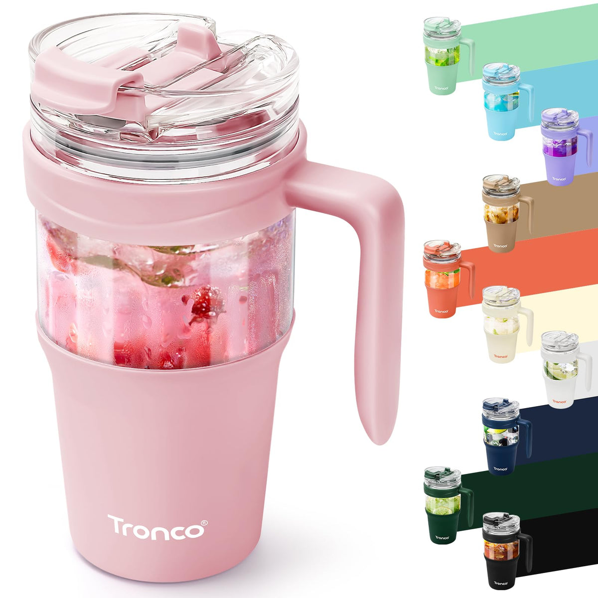 Tronco 40 oz Glass Tumbler with Straw and Lid, Reusable Glass Tumbler with Handle, Iced Coffee Cup with Bamboo Lid, Glass Water Bottles Fit in Cup Holder, Carbonfree, Lead-Free, BPA-Free