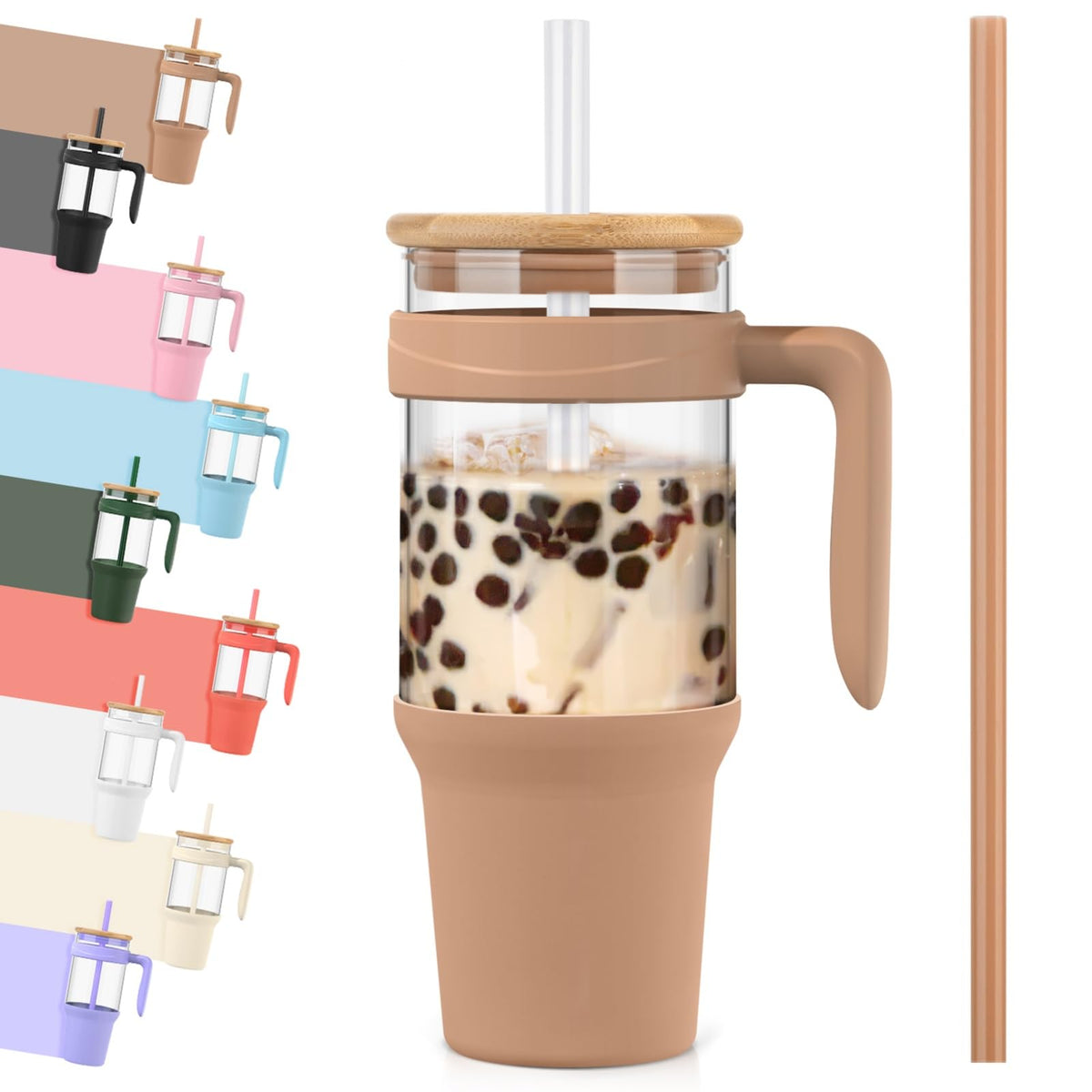 Tronco 40 oz Glass Tumbler with Straw and Lid, Reusable Glass Tumbler with Handle, Iced Coffee Cup with Bamboo Lid, Glass Water Bottles Fit in Cup Holder, Carbonfree, Lead-Free, BPA-Free