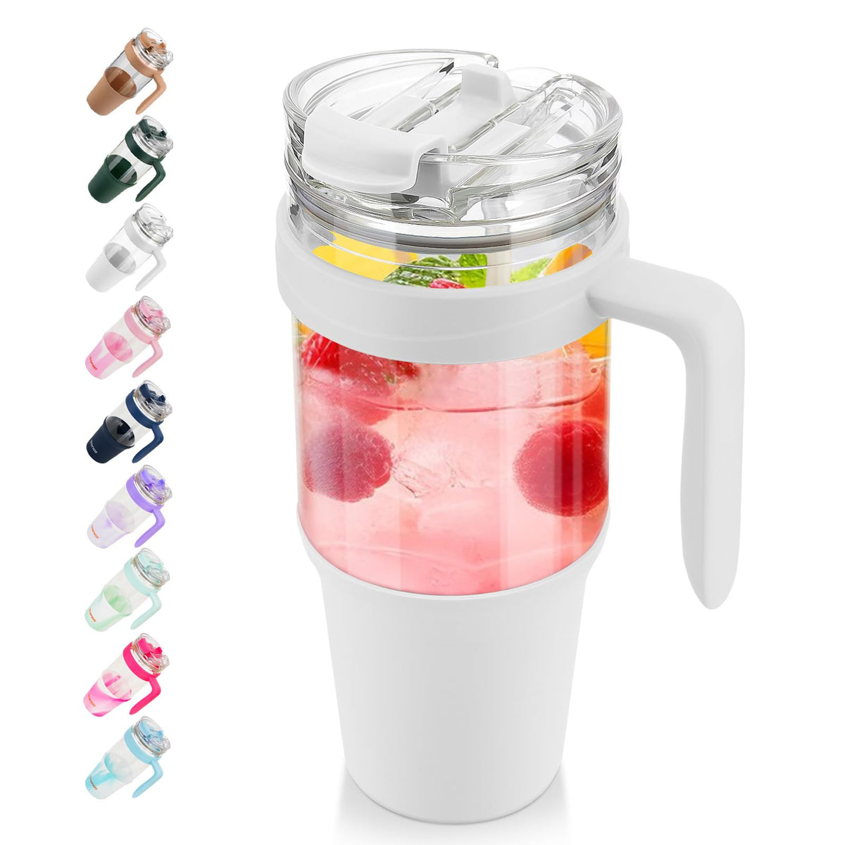 Tronco 40 oz Glass Tumbler with Straw and Lid, Reusable Glass Tumbler with Handle, Iced Coffee Cup with Bamboo Lid, Glass Water Bottles Fit in Cup Holder, Carbonfree, Lead-Free, BPA-Free