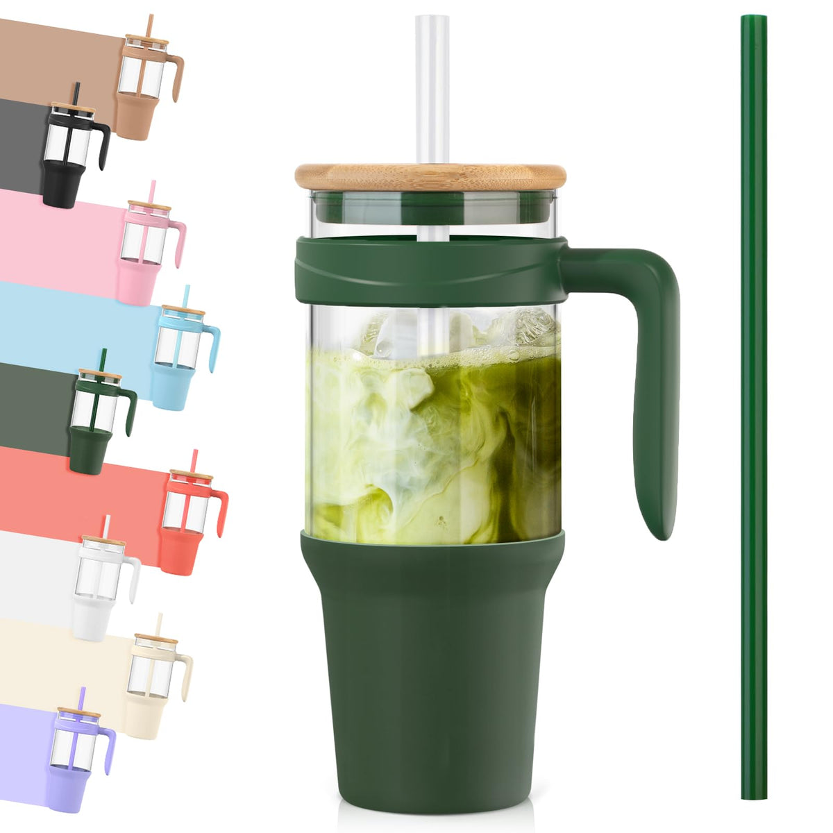 Tronco 40 oz Glass Tumbler with Straw and Lid, Reusable Glass Tumbler with Handle, Iced Coffee Cup with Bamboo Lid, Glass Water Bottles Fit in Cup Holder, Carbonfree, Lead-Free, BPA-Free