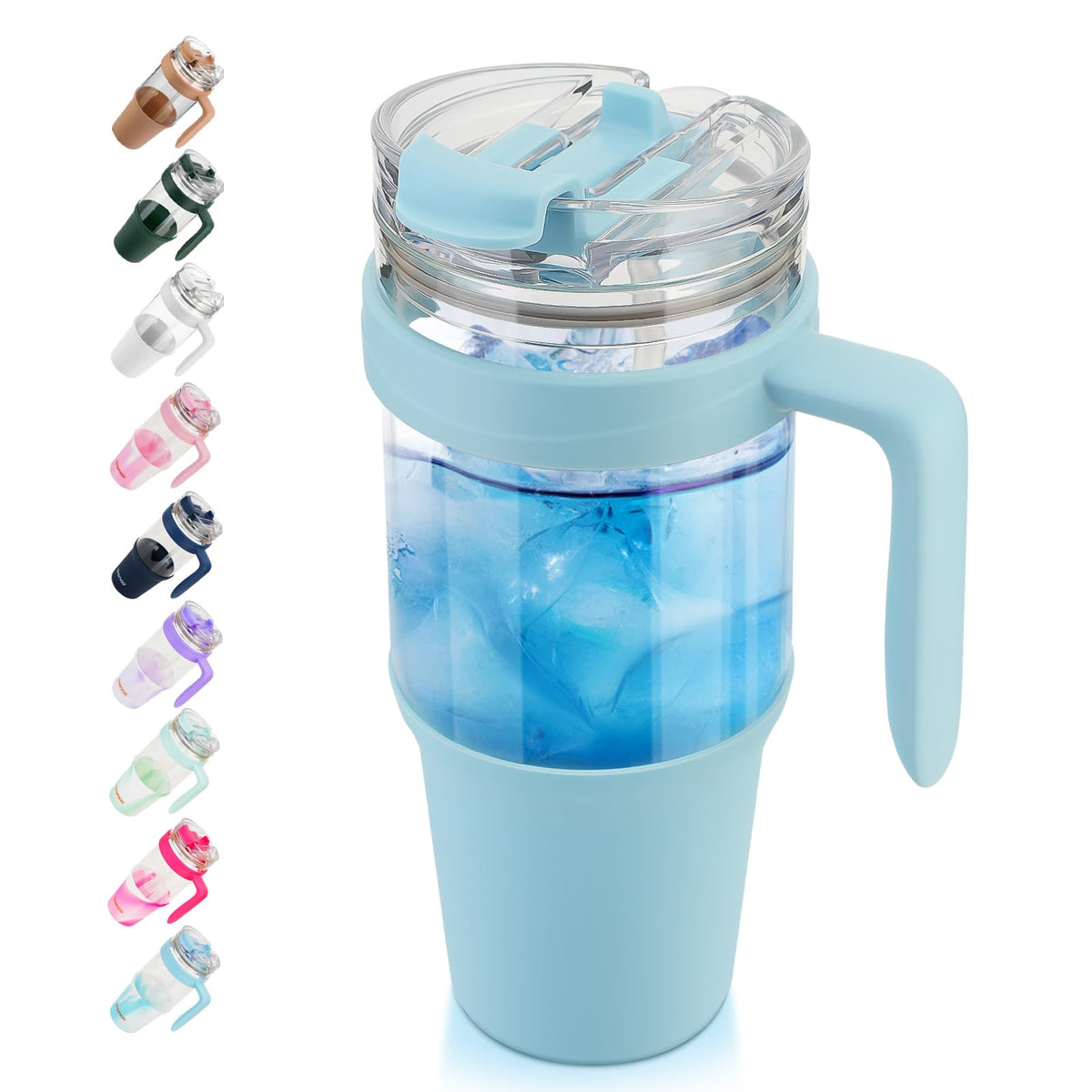 Tronco 40 oz Glass Tumbler with Straw and Lid, Reusable Glass Tumbler with Handle, Iced Coffee Cup with Bamboo Lid, Glass Water Bottles Fit in Cup Holder, Carbonfree, Lead-Free, BPA-Free