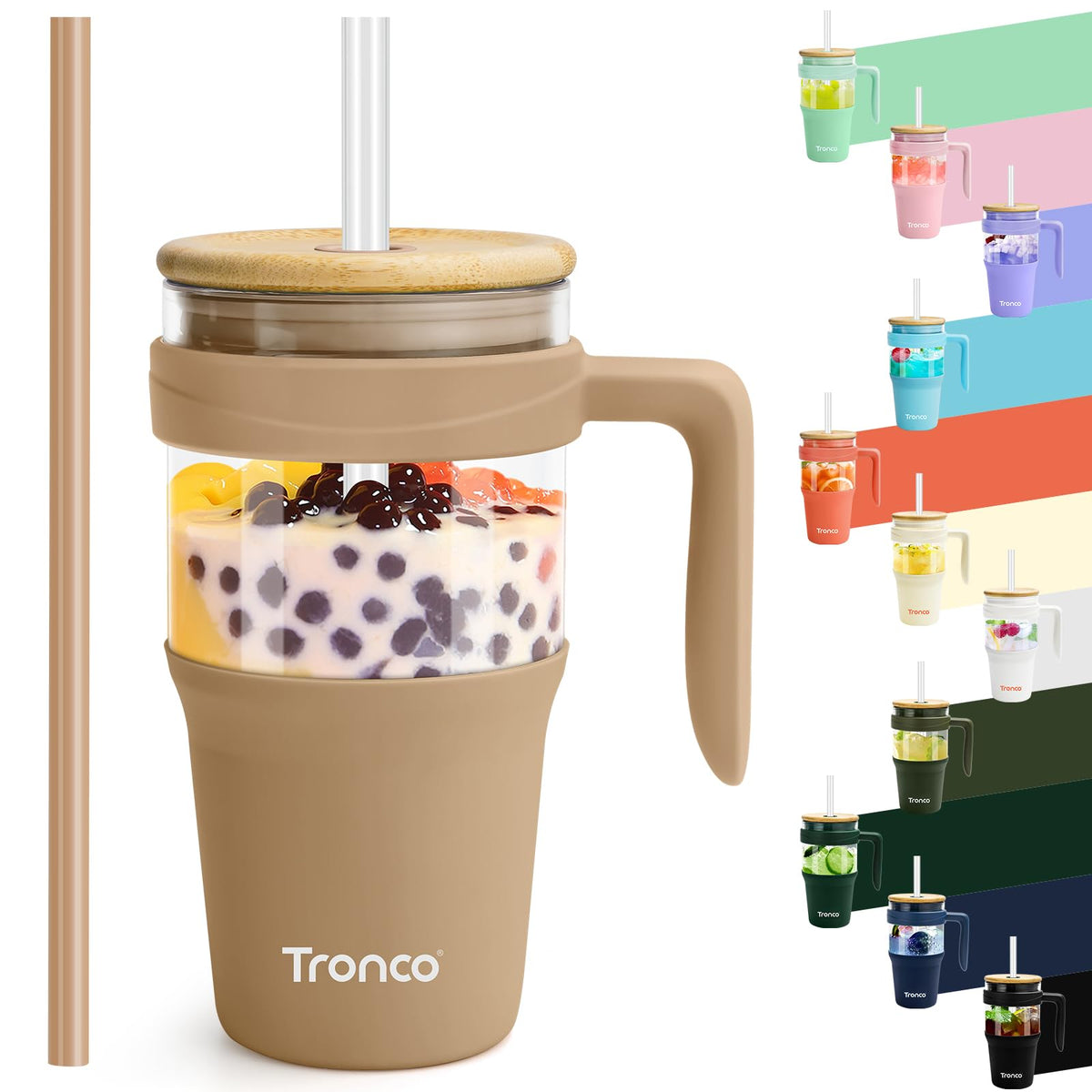 Tronco 40 oz Glass Tumbler with Straw and Lid, Reusable Glass Tumbler with Handle, Iced Coffee Cup with Bamboo Lid, Glass Water Bottles Fit in Cup Holder, Carbonfree, Lead-Free, BPA-Free