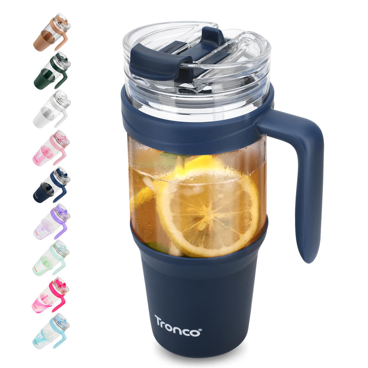 Tronco 40 oz Glass Tumbler with Straw and Lid, Reusable Glass Tumbler with Handle, Iced Coffee Cup with Bamboo Lid, Glass Water Bottles Fit in Cup Holder, Carbonfree, Lead-Free, BPA-Free