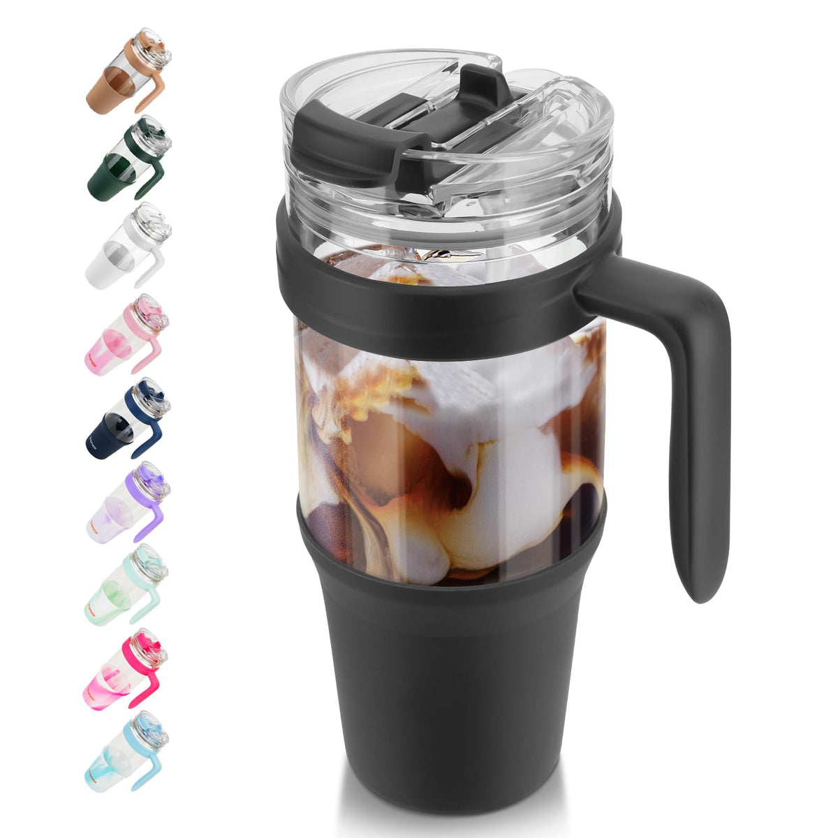 Tronco 40 oz Glass Tumbler with Straw and Lid, Reusable Glass Tumbler with Handle, Iced Coffee Cup with Bamboo Lid, Glass Water Bottles Fit in Cup Holder, Carbonfree, Lead-Free, BPA-Free