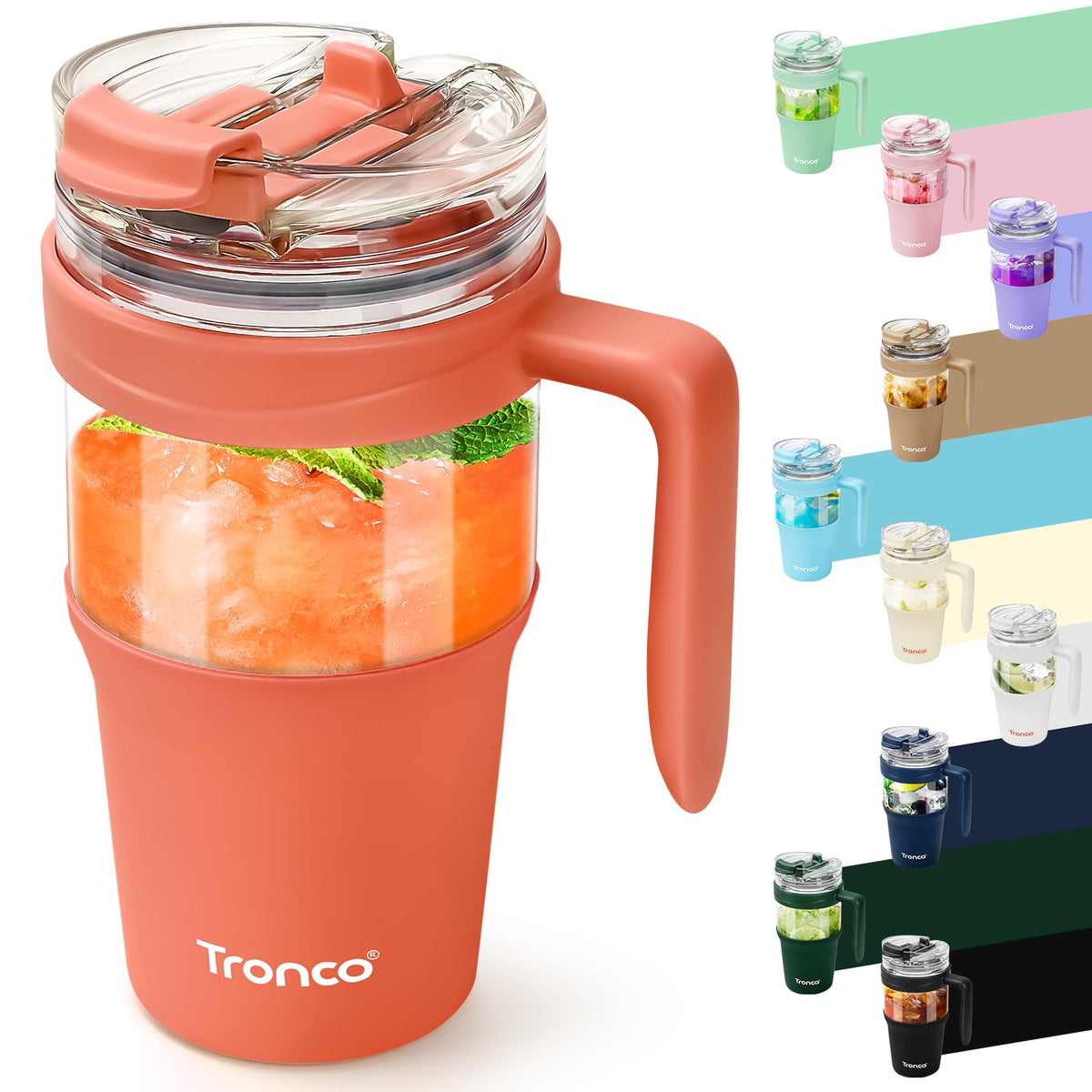 Tronco 40 oz Glass Tumbler with Straw and Lid, Reusable Glass Tumbler with Handle, Iced Coffee Cup with Bamboo Lid, Glass Water Bottles Fit in Cup Holder, Carbonfree, Lead-Free, BPA-Free