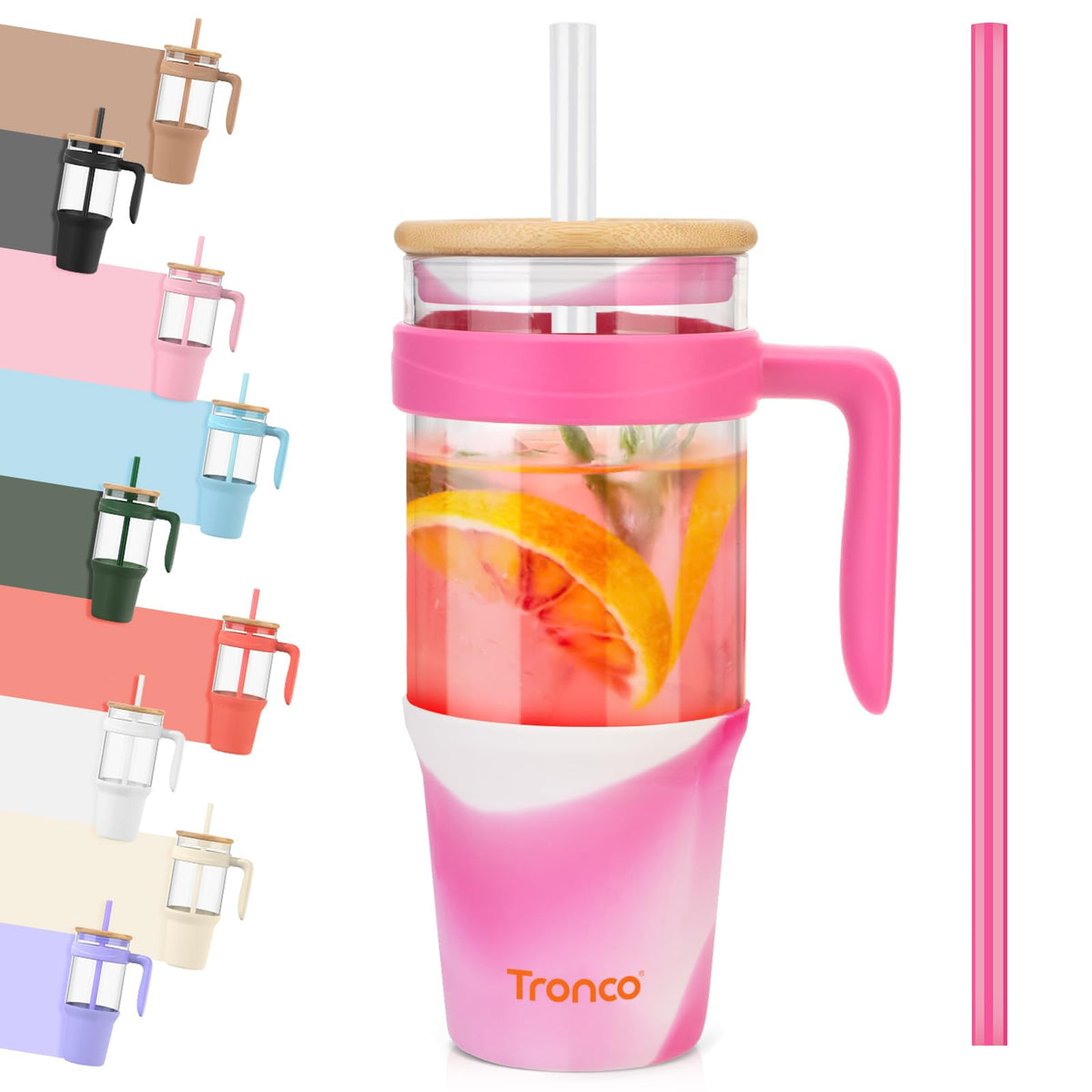 Tronco 40 oz Glass Tumbler with Straw and Lid, Reusable Glass Tumbler with Handle, Iced Coffee Cup with Bamboo Lid, Glass Water Bottles Fit in Cup Holder, Carbonfree, Lead-Free, BPA-Free