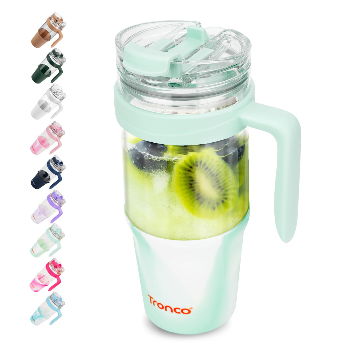 Tronco 40 oz Glass Tumbler with Straw and Lid, Reusable Glass Tumbler with Handle, Iced Coffee Cup with Bamboo Lid, Glass Water Bottles Fit in Cup Holder, Carbonfree, Lead-Free, BPA-Free