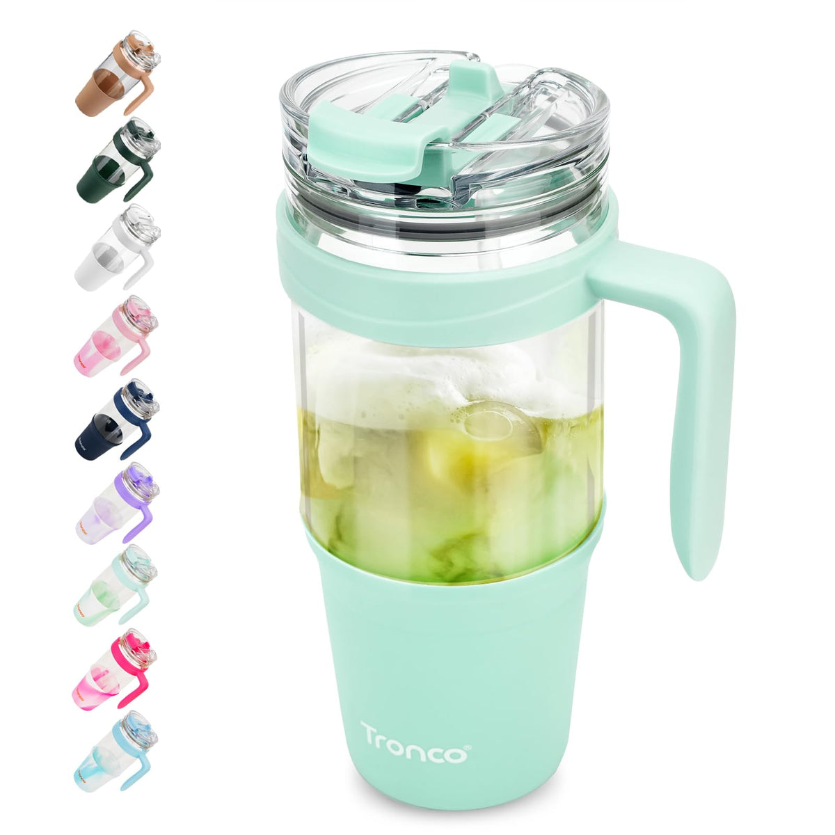 Tronco 40 oz Glass Tumbler with Straw and Lid, Reusable Glass Tumbler with Handle, Iced Coffee Cup with Bamboo Lid, Glass Water Bottles Fit in Cup Holder, Carbonfree, Lead-Free, BPA-Free