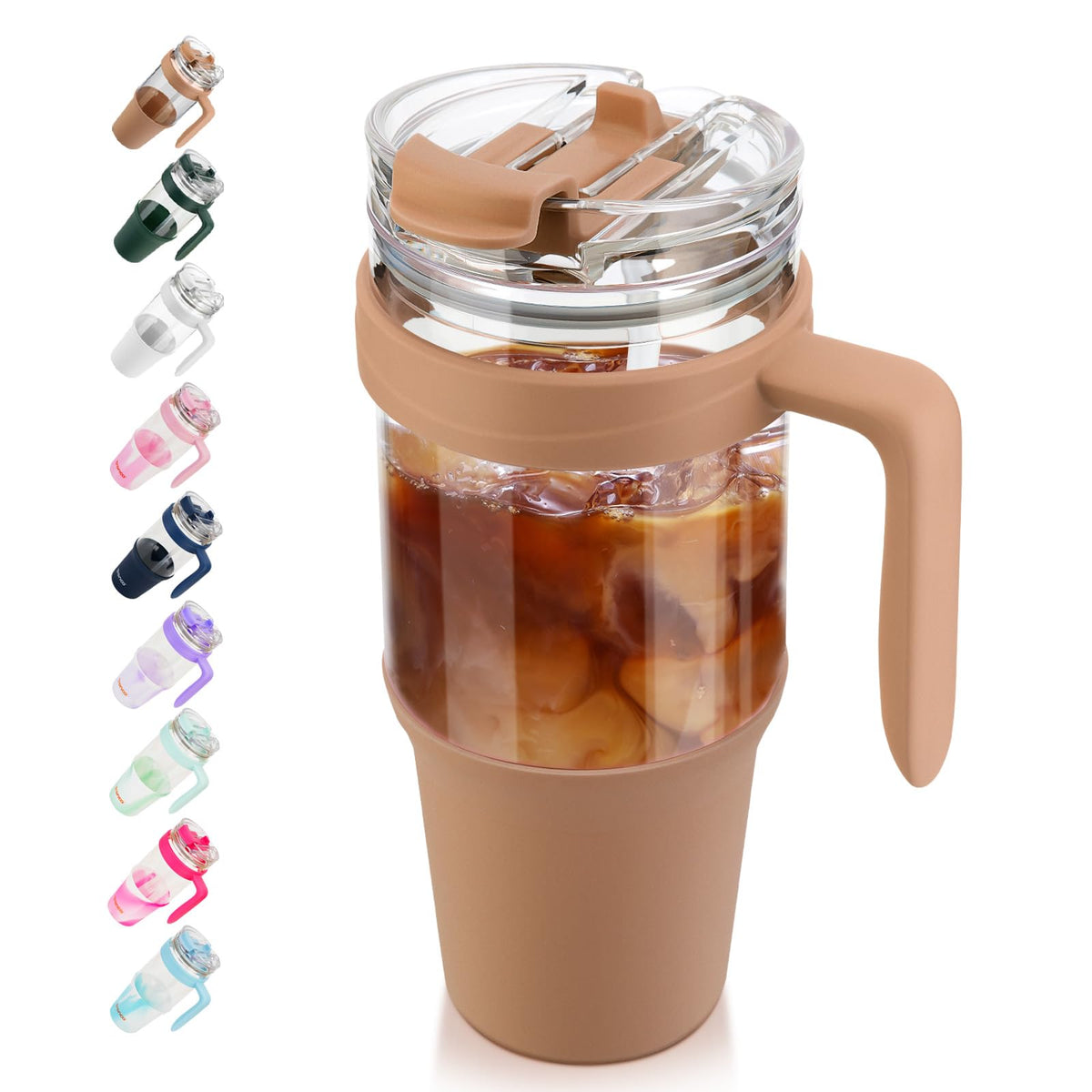 Tronco 40 oz Glass Tumbler with Straw and Lid, Reusable Glass Tumbler with Handle, Iced Coffee Cup with Bamboo Lid, Glass Water Bottles Fit in Cup Holder, Carbonfree, Lead-Free, BPA-Free